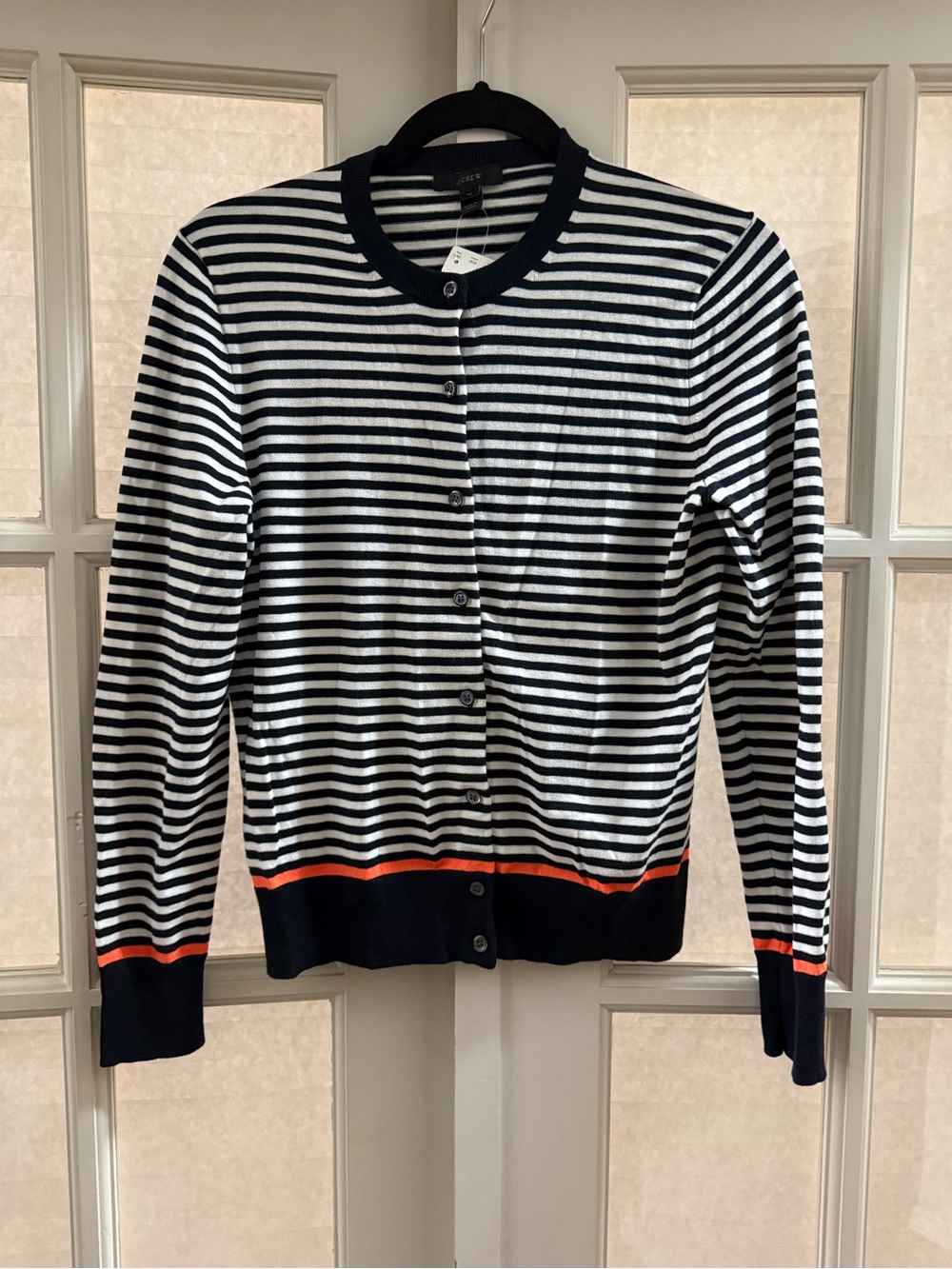 J. Crew Navy and White Striped Cardigan with Orange Trim